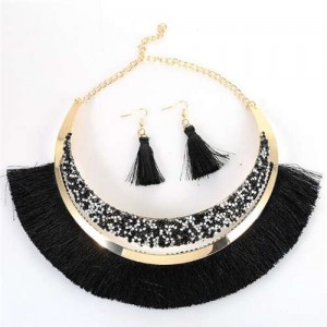 Cotton Threads Tassel Arch Fashion Women Costume Necklace and Earrings Set - Black