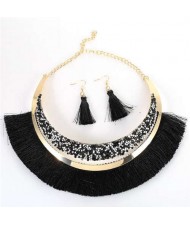 Cotton Threads Tassel Arch Fashion Women Costume Necklace and Earrings Set - Black