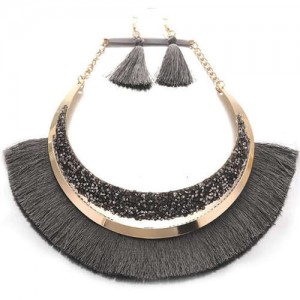 Cotton Threads Tassel Arch Fashion Women Costume Necklace and Earrings Set - Gray