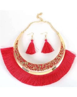 Cotton Threads Tassel Arch Fashion Women Costume Necklace and Earrings Set - Red