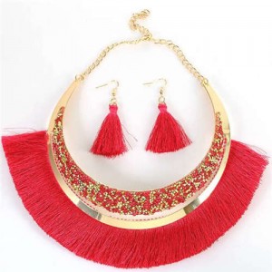 Cotton Threads Tassel Arch Fashion Women Costume Necklace and Earrings Set - Red
