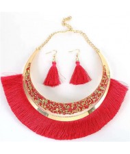 Cotton Threads Tassel Arch Fashion Women Costume Necklace and Earrings Set - Red