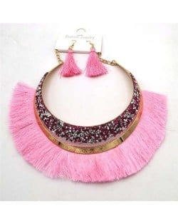 Cotton Threads Tassel Arch Fashion Women Costume Necklace and Earrings Set - Pink