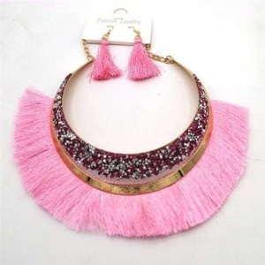 Cotton Threads Tassel Arch Fashion Women Costume Necklace and Earrings Set - Pink