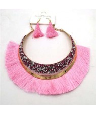 Cotton Threads Tassel Arch Fashion Women Costume Necklace and Earrings Set - Pink