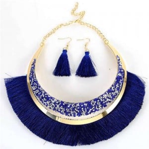 Cotton Threads Tassel Arch Fashion Women Costume Necklace and Earrings Set - Royal Blue