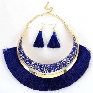 Cotton Threads Tassel Arch Fashion Women Costume Necklace and Earrings Set - Royal Blue