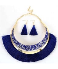Cotton Threads Tassel Arch Fashion Women Costume Necklace and Earrings Set - Royal Blue