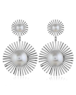 Pearl Inlaid Sunflower Design Women Costume Statement Earrings - Silver