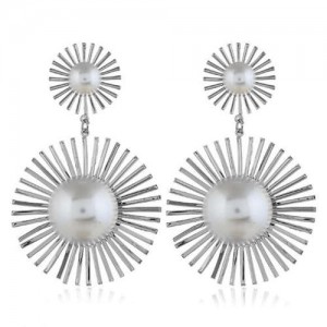 Pearl Inlaid Sunflower Design Women Costume Statement Earrings - Silver