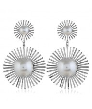 Pearl Inlaid Sunflower Design Women Costume Statement Earrings - Silver