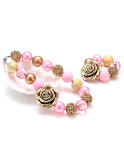 Vintage Rose Embellished Beads Fashion Pink Style Baby Necklace and Bracelet Set