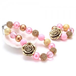 Vintage Rose Embellished Beads Fashion Pink Style Baby Necklace and Bracelet Set
