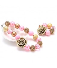 Vintage Rose Embellished Beads Fashion Pink Style Baby Necklace and Bracelet Set