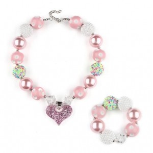 Heart Pendant Pinky Fashion Baby Girl Necklace and Bracelet Jewelry Set