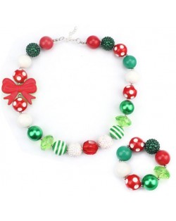 Bowknot Decorated Christmas Fashion Kids/ Baby Girl Necklace and Bracelet Jewelry Set - Red