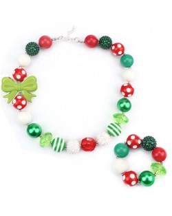 Bowknot Decorated Christmas Fashion Kids/ Baby Girl Necklace and Bracelet Jewelry Set - Green