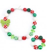 Bowknot Decorated Christmas Fashion Kids/ Baby Girl Necklace and Bracelet Jewelry Set - Green