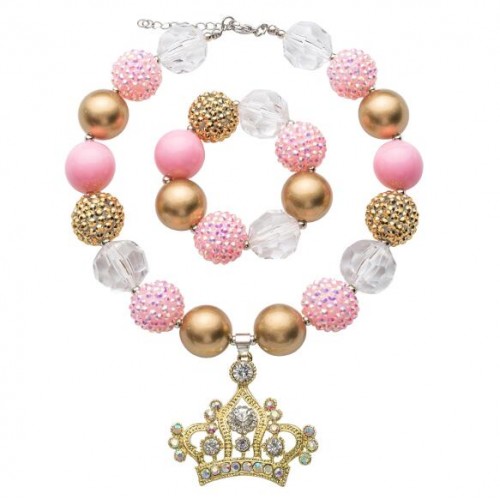 JewelryBund Delicate Crown Pendant Cute Beads Fashion Baby Girl Necklace and Bracelet Jewelry Set