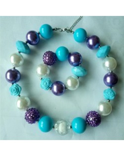 Flower and Assorted Blue Beads Children Fashion Necklace and Bracelet Jewelry Set