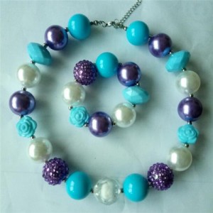 Flower and Assorted Blue Beads Children Fashion Necklace and Bracelet Jewelry Set