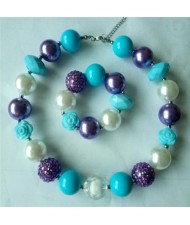 Flower and Assorted Blue Beads Children Fashion Necklace and Bracelet Jewelry Set