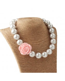 Pink Flower Decorated Princess Style Pearl Fashion Baby Girl Necklace