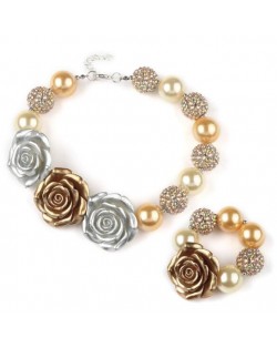 Resin Flowers Decorated Golden Beads Baby Necklace and Bracelet Jewelry Set