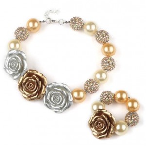 Resin Flowers Decorated Golden Beads Baby Necklace and Bracelet Jewelry Set