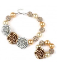 Resin Flowers Decorated Golden Beads Baby Necklace and Bracelet Jewelry Set