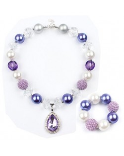 Gem Pendant Purple Beads Fashion Toddler Necklace and Bracelet Jewelry Set