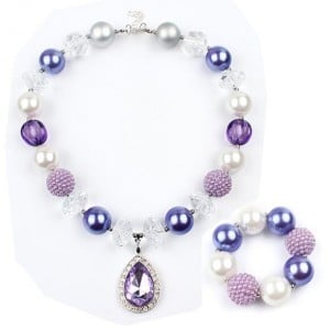 Gem Pendant Purple Beads Fashion Toddler Necklace and Bracelet Jewelry Set