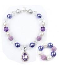 Gem Pendant Purple Beads Fashion Toddler Necklace and Bracelet Jewelry Set