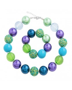 Green Blue and Purple Beads Combo Baby Necklace and Bracelet Jewelry Set