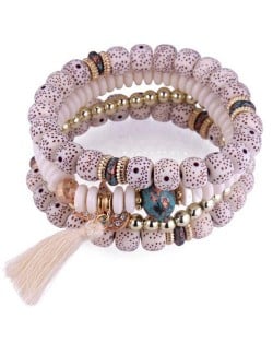 Vintage Spots Beads Triple Layers with Cotton Thread Tassel Women Fashion Bracelet - White