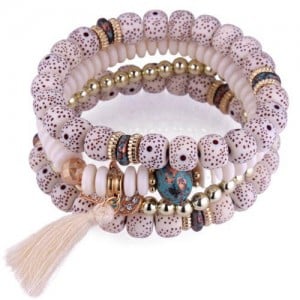 Vintage Spots Beads Triple Layers with Cotton Thread Tassel Women Fashion Bracelet - White