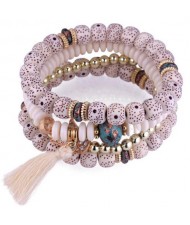 Vintage Spots Beads Triple Layers with Cotton Thread Tassel Women Fashion Bracelet - White