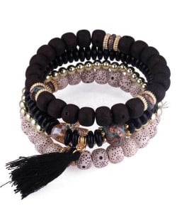 Vintage Spots Beads Triple Layers with Cotton Thread Tassel Women Fashion Bracelet - Black