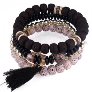 Vintage Spots Beads Triple Layers with Cotton Thread Tassel Women Fashion Bracelet - Black