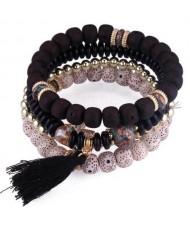 Vintage Spots Beads Triple Layers with Cotton Thread Tassel Women Fashion Bracelet - Black