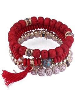 Vintage Spots Beads Triple Layers with Cotton Thread Tassel Women Fashion Bracelet - Red