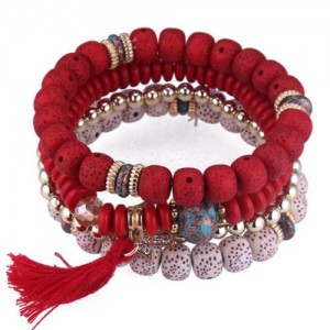 Vintage Spots Beads Triple Layers with Cotton Thread Tassel Women Fashion Bracelet - Red