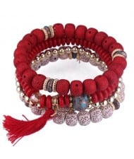 Vintage Spots Beads Triple Layers with Cotton Thread Tassel Women Fashion Bracelet - Red