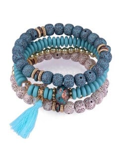 Vintage Spots Beads Triple Layers with Cotton Thread Tassel Women Fashion Bracelet - Blue