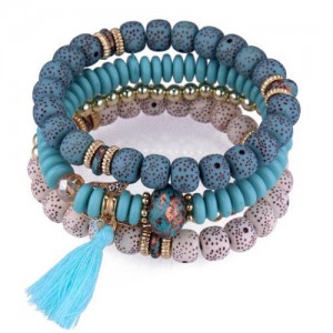 Vintage Spots Beads Triple Layers with Cotton Thread Tassel Women Fashion Bracelet - Blue
