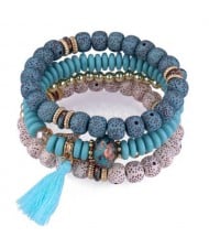 Vintage Spots Beads Triple Layers with Cotton Thread Tassel Women Fashion Bracelet - Blue