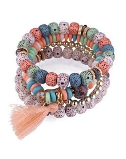 Vintage Spots Beads Triple Layers with Cotton Thread Tassel Women Fashion Bracelet - Multicolor