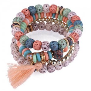 Vintage Spots Beads Triple Layers with Cotton Thread Tassel Women Fashion Bracelet - Multicolor