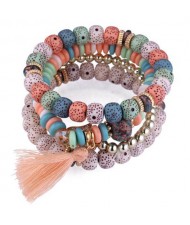 Vintage Spots Beads Triple Layers with Cotton Thread Tassel Women Fashion Bracelet - Multicolor