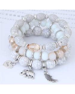 Heart Wing and Elephant Pendants Triple Layers Women Fashion Beads Bracelet - White